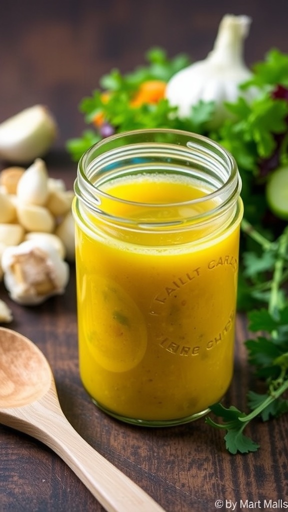 Garlic vinaigrette dressing in a jar with garlic cloves and herbs, perfect for salads.